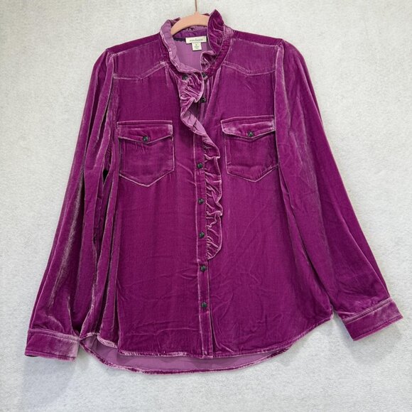 Sundance Shirt Womens Medium Purple Velvet Ruffle Snap Front Long Sleeve Blouse - Picture 1 of 9